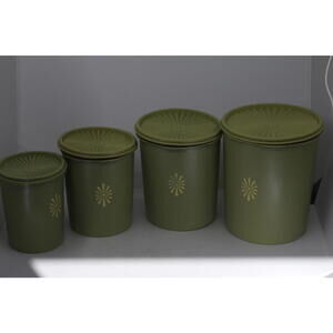 Vintage 1970's Tupperware Canister Nesting Set Avocado Green 4 pc Sunburst Lid